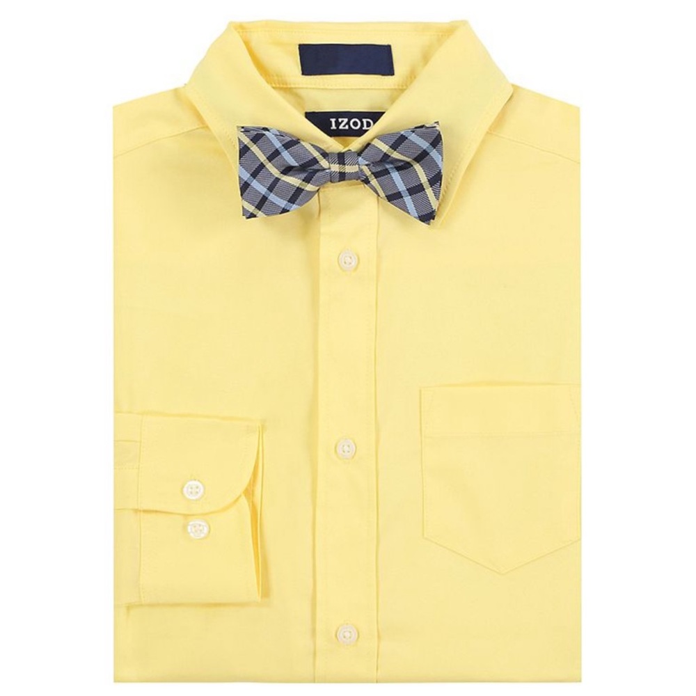 IZOD Boys Long Sleeve Stretch Poplin Button Down Front Shirt with Plaid Bow Tie
